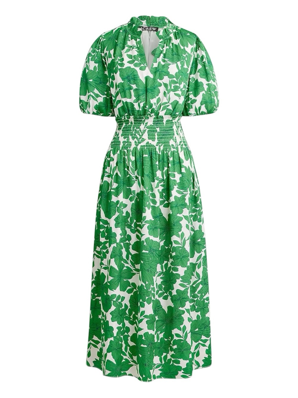 J.Crew Smocked-Waist Greenhouse Floral Puff Sleeve Dress Green Small Like New
